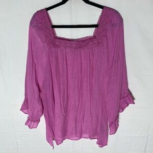 Zac & Rachel Pink Purple Flowy Boho Blouse W Ruffle Trim 3X
